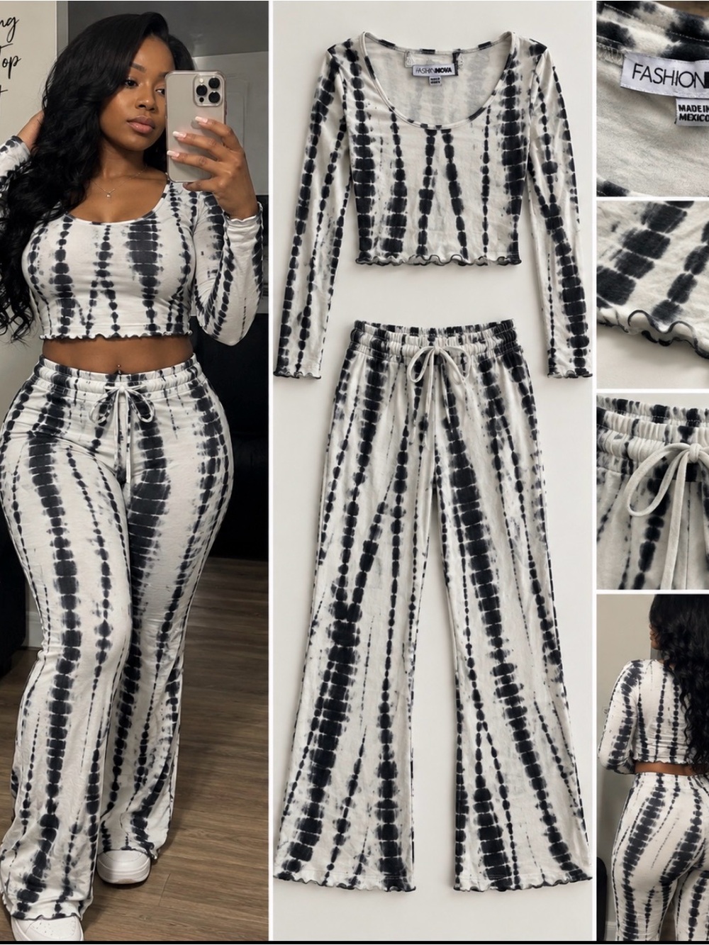 Fashion Nova Black & White Tie-Dye Wide Leg Pants Set